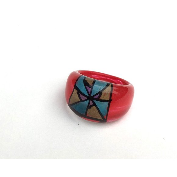 Vintage Lucite Ring Translucent Clear Red & Metallic Colors Hand Painted Chunky - Picture 3 of 6